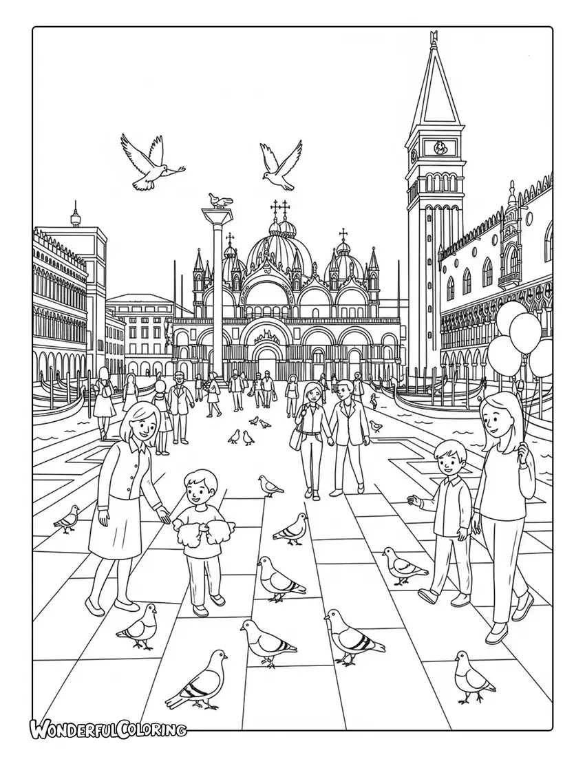 Venice St Mark’s Square pigeons plaza coloring page with historic buildings and crowds