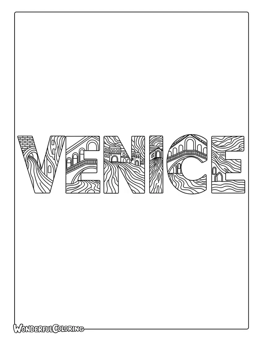 Venice word canals bridges typography coloring page with letters shaped like water and arches