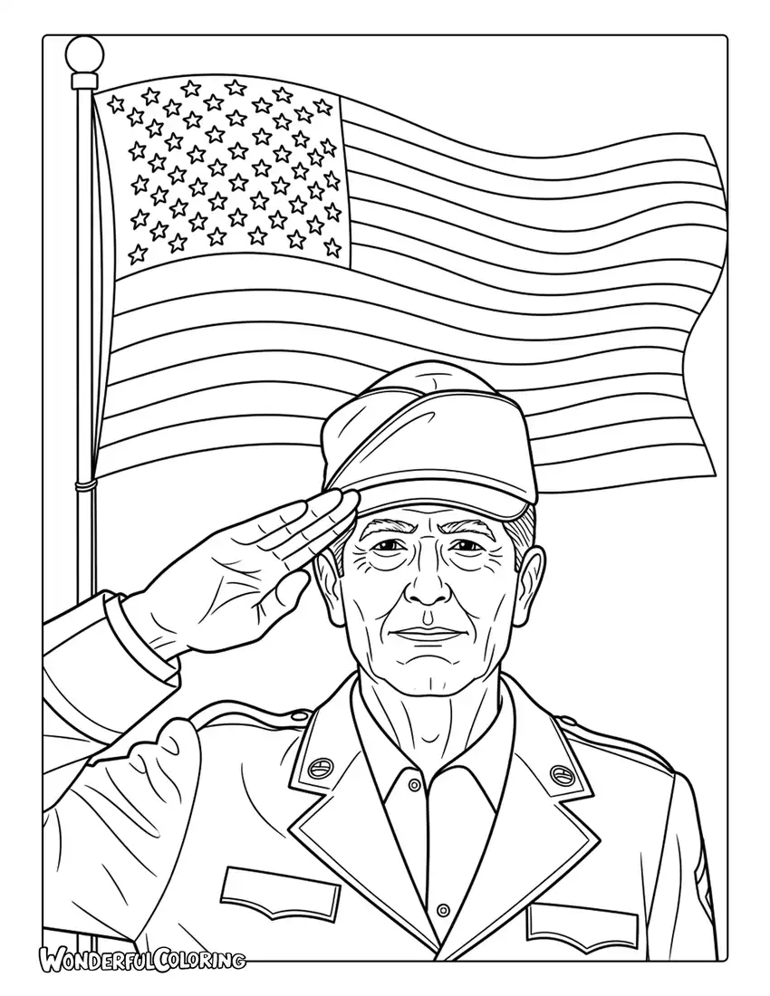 Veteran Saluting American Flag Realistic Portrait Coloring Page