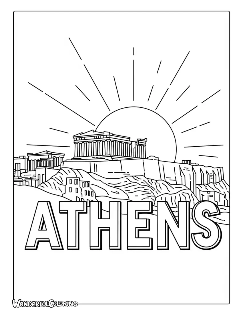 Vintage Athens travel poster typography coloring page with retro Acropolis background