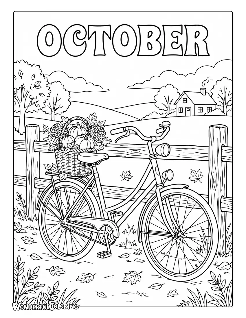 Vintage bicycle pumpkin coloring page with flower basket, pumpkins, leaves, and country fence