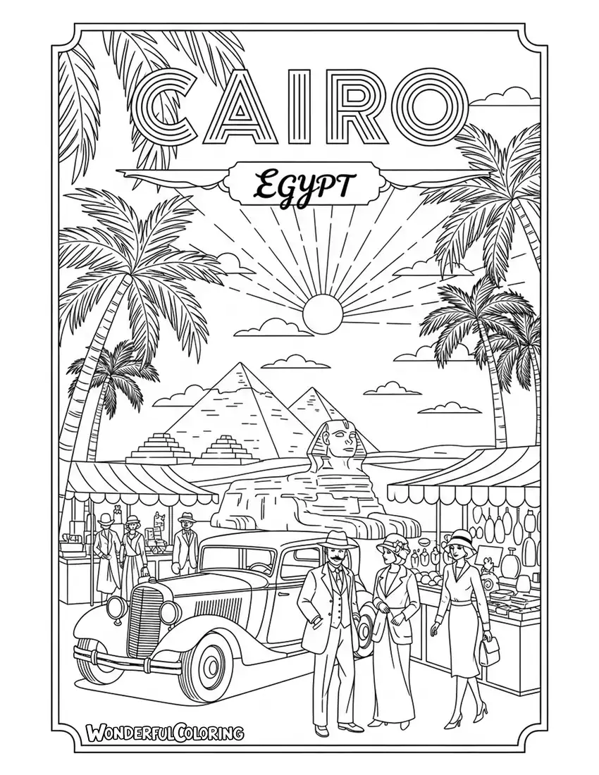 Vintage Cairo travel poster coloring page with pyramids, palm trees, and retro typography
