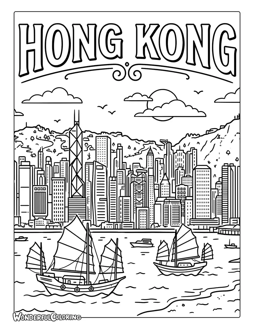 Vintage Hong Kong travel poster with harbor and traditional boats coloring page