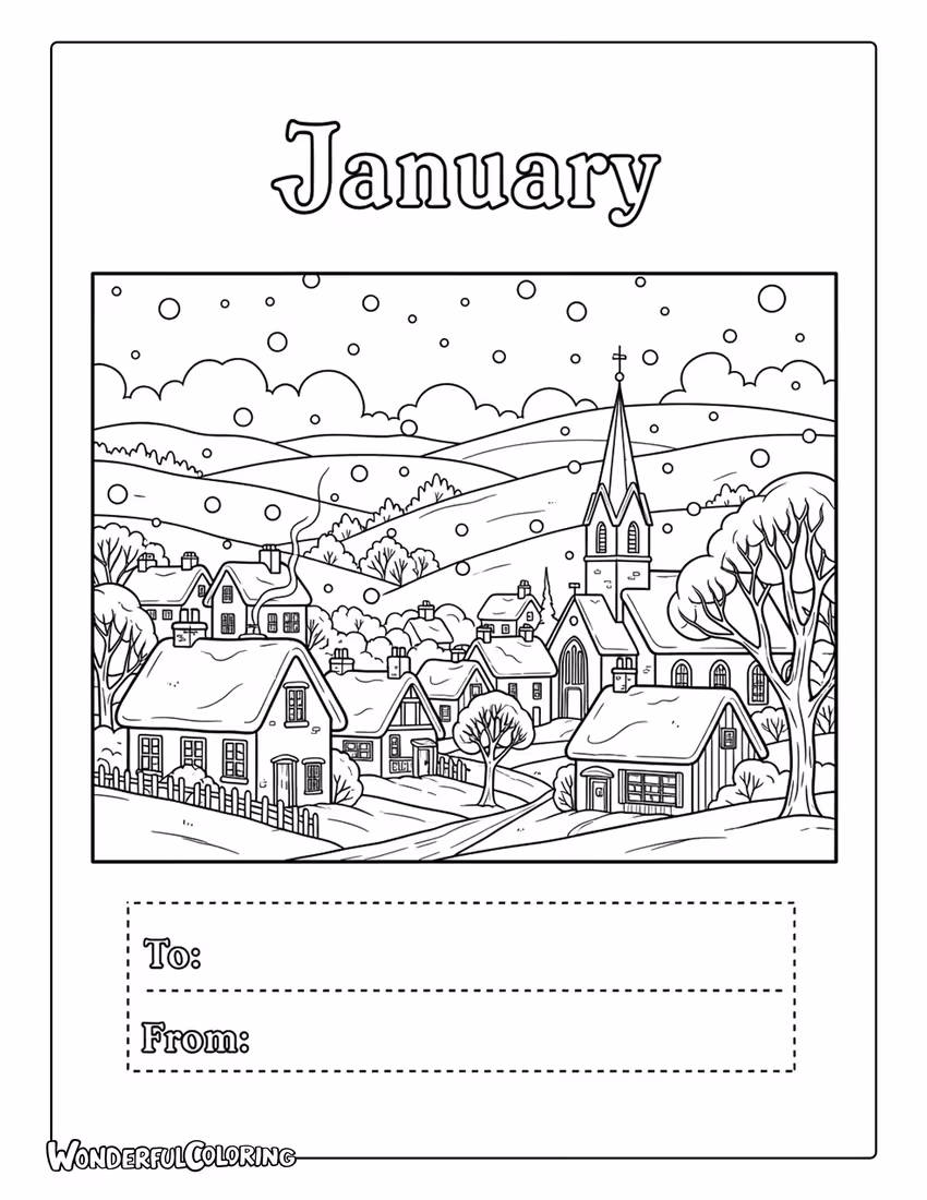 Vintage January postcard coloring page with snowy village and classic typography