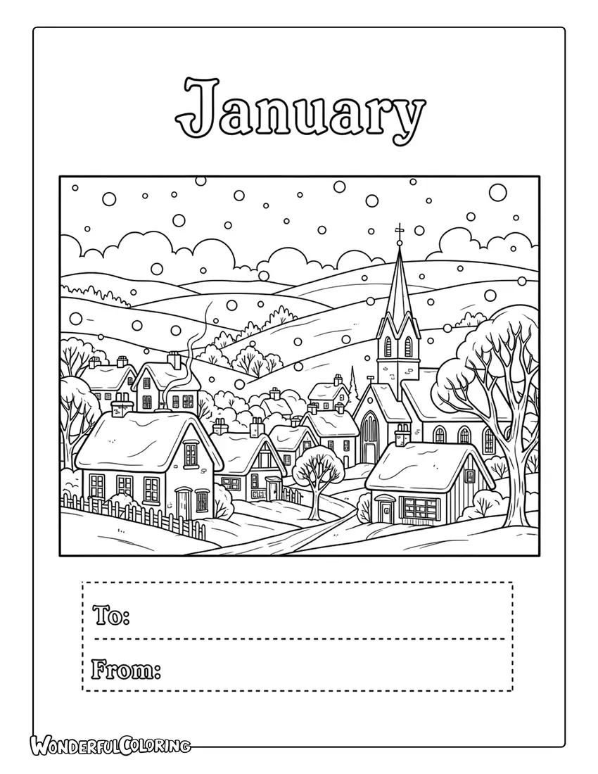 Vintage January postcard coloring page with snowy village and classic typography