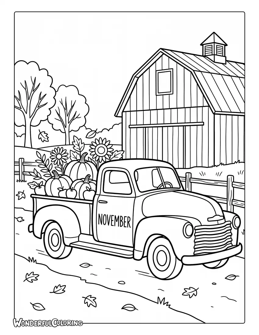 November harvest coloring page with vintage pickup truck, pumpkins, apples, autumn flowers, and red barn