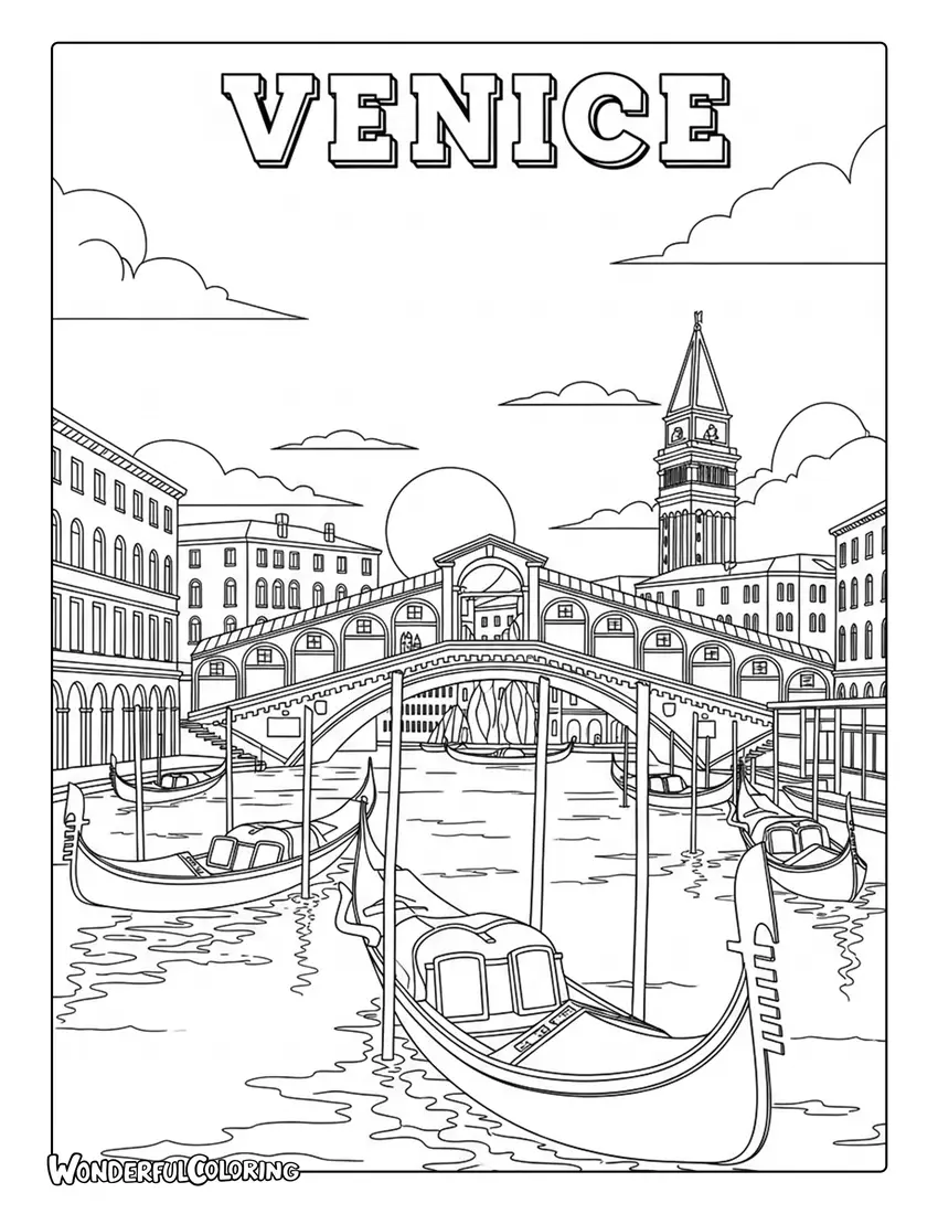 Vintage Venice travel poster typography coloring page with retro gondolas