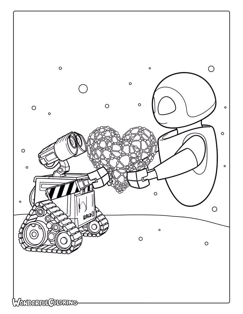 Wall-E and EVE holding glowing heart in space coloring page