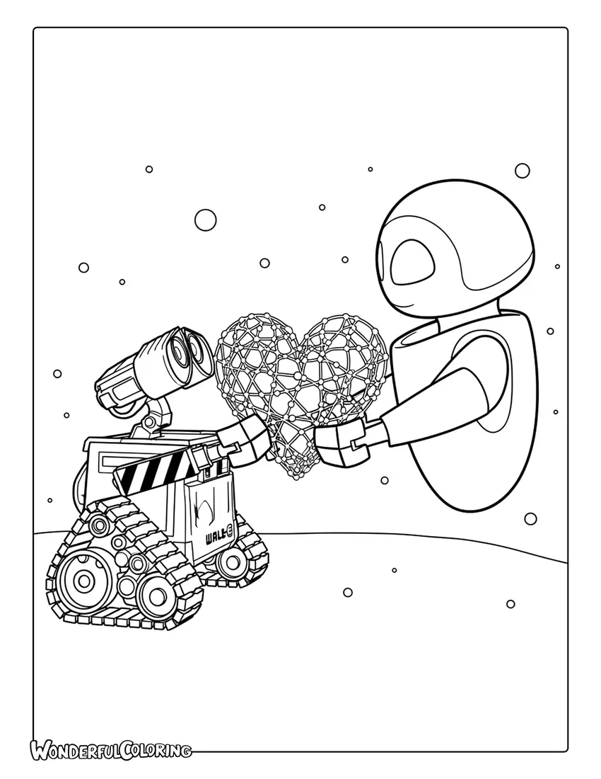 Wall-E and EVE holding glowing heart in space coloring page