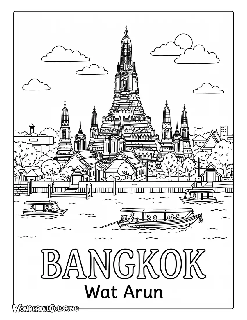 Wat Arun riverside temple coloring page with a tall central prang, traditional Thai details, small boats, and rippling river water
