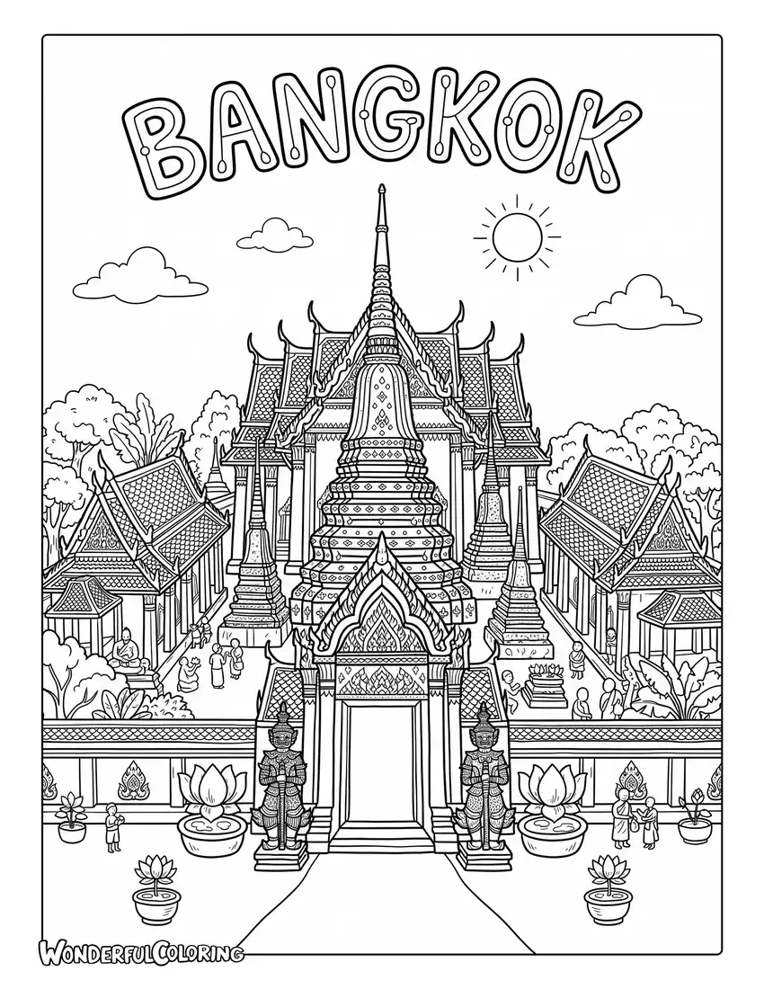 Wat Pho temple coloring page featuring ornate Thai rooflines, decorative columns, giant temple gates, and lotus motifs