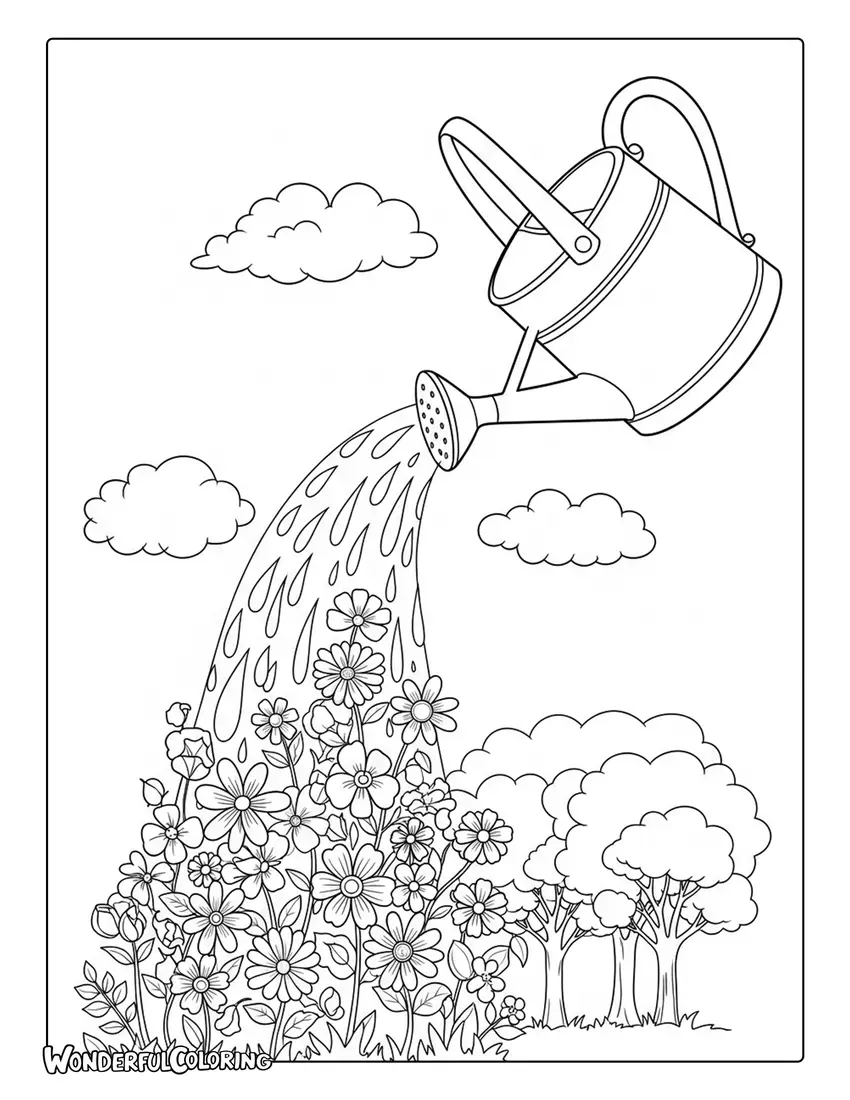 watering can growing flowers trees imaginative coloring page
