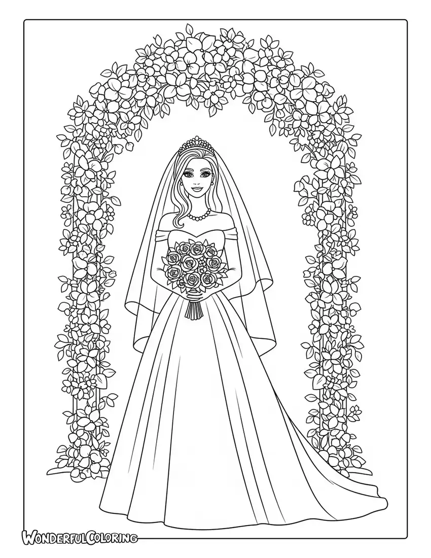 wedding Barbie bride dress and bouquet coloring page