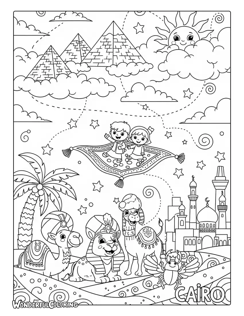 Whimsical Cairo coloring page with floating pyramids, magic carpets, and fantasy creatures