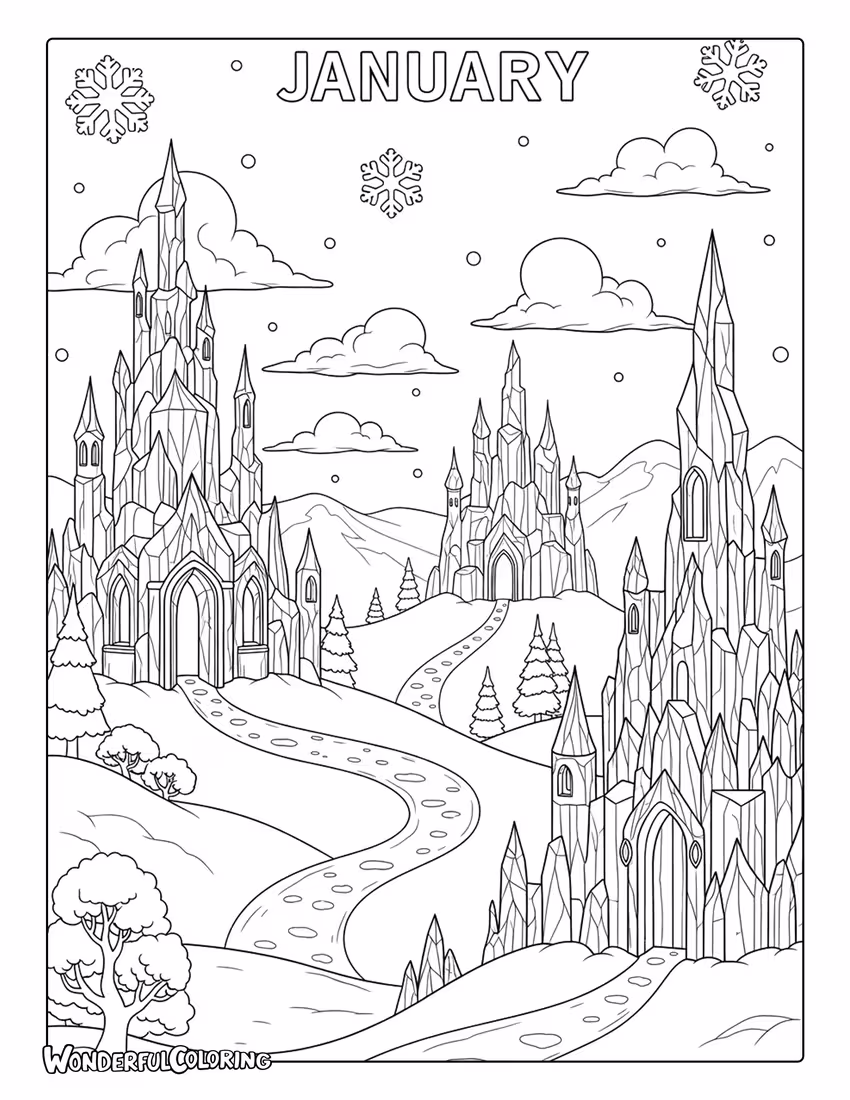 Whimsical January fantasy coloring page with ice castles and sparkling snow