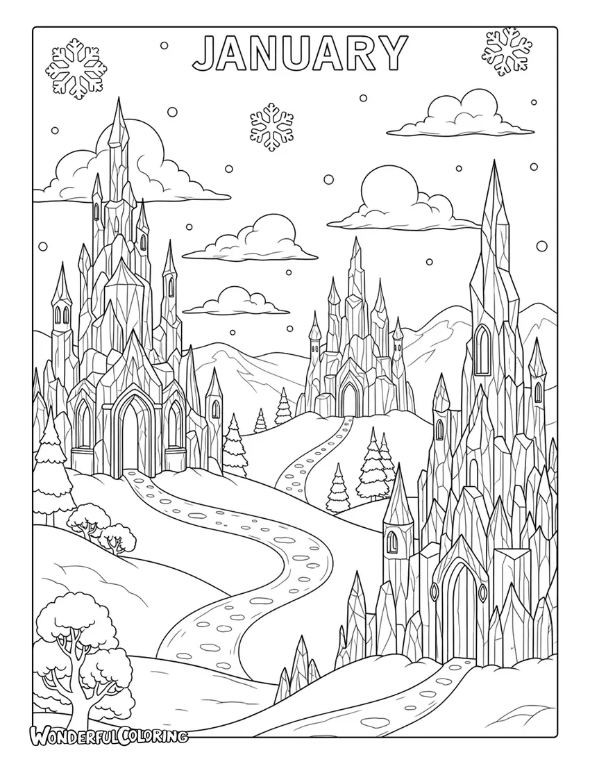 Whimsical January fantasy coloring page with ice castles and sparkling snow