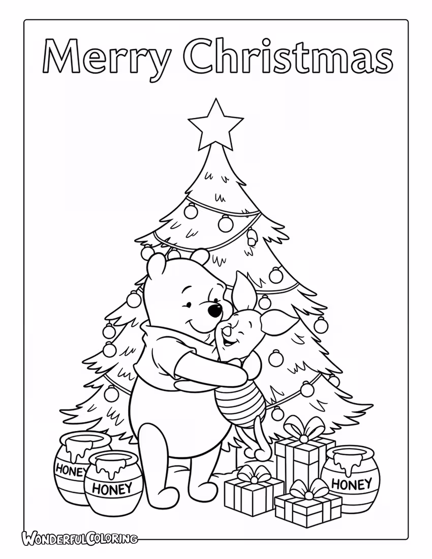 Winnie and Piglet Hugging Beside a Christmas Tree Coloring Page
