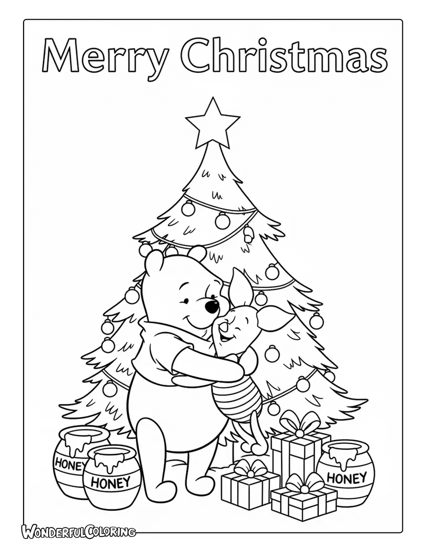 Winnie and Piglet Hugging Beside a Christmas Tree Coloring Page