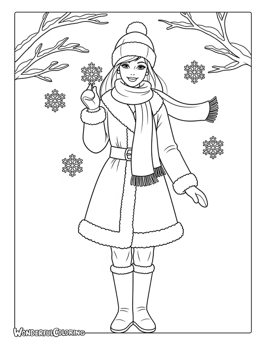 winter barbie coat scarf snow coloring page