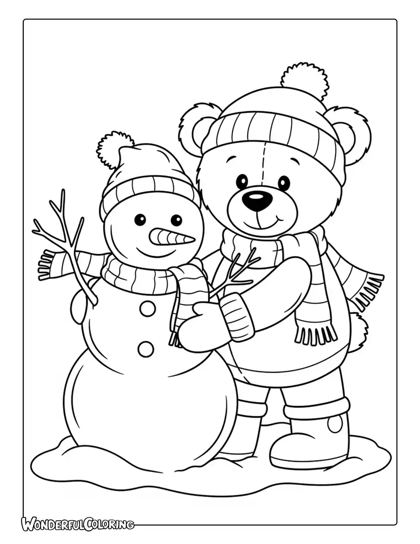 Winter teddy bear building snowman coloring page