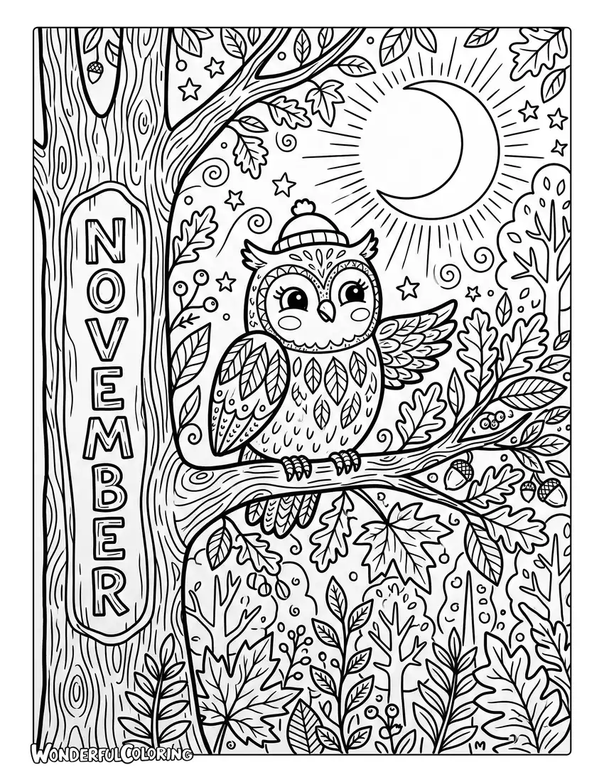 November owl coloring page featuring wise owl, tree branch, colorful autumn leaves, moonlight, and woodland scenery