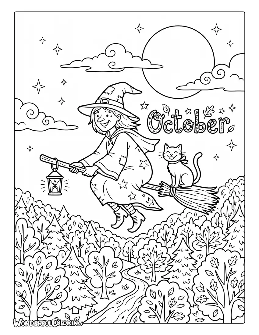 Witch autumn coloring page with broomstick, black cat, full moon, and colorful forest