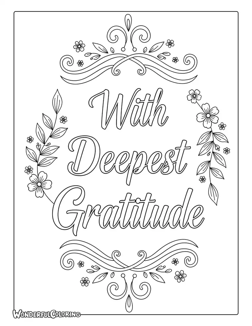 With Deepest Gratitude Floral Calligraphy Coloring Page