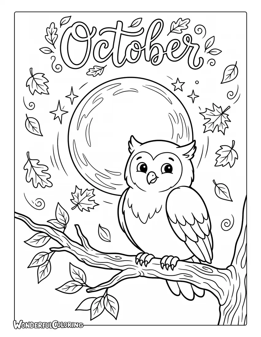 Woodland owl coloring page with tree branch, harvest moon, and falling autumn leaves