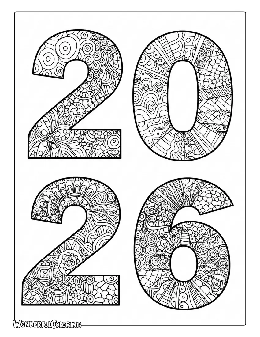 2026 Coloring Page with Zentangle patterns.